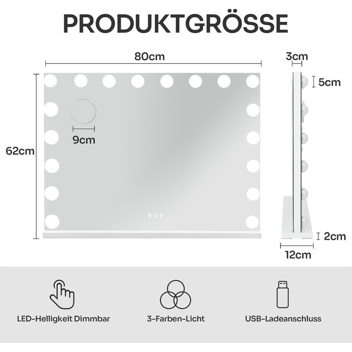 Голлівудське дзеркало для макіяжу з підсвічуванням 80x62см, дзеркало з підсвічуванням, 18 регульованим великим світлодіодним світлом 3 колірної температури з USB 10-кратним збільшенням сенсорним управлінням стільницею або 18led, 80x12x62см, білий, новий