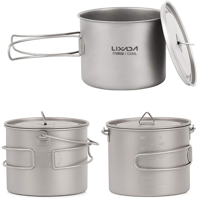 Титанова чашка Lixa-da з кришкою та складною лопаткою, 750 мл/900 мл/1100 мл, легкий посуд для пікніка, для кемпінгу, походів, пікніків на свіжому повітрі, 128 г C-1100 мл