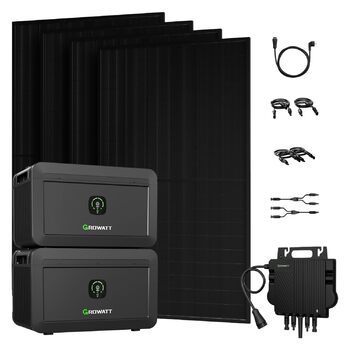 Балконна електростанція потужністю 2000 Вт з накопичувачем 4096 Втгод, Growatt NOAH 20002 з NEO 800 Вт, 4 повністю чорні двосторонні сонячні модулі 500 Вт, повний комплект аксесуарів, plug & play (0 ПДВ) без монтажного кронштейна