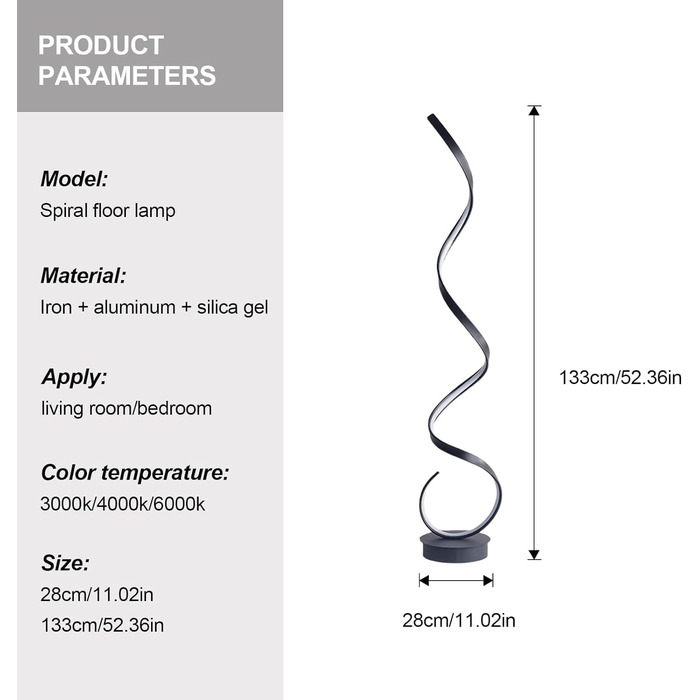 Сучасний світлодіодний торшер, креативний спіральний дизайн торшер з регулюванням яскравості, сучасний торшер для вітальні, спіральний торшер для спальні, вітальні, офісу або кабінету, 1,33 м (чорний)
