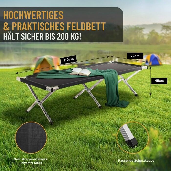 Розкладне ліжко Kronenburg XXL, туристичне ліжко 210 см x 72 см x 45 см Вантажопідйомність до 200 кг Посилена сталева труба чорного кольору. Розкладне ліжко 210 x 72 x 45 см