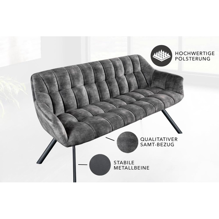 Обідня лавка Riess Ambiente Papillon - 165 см - сіро-чорна - оксамитовий металевий каркас, спинка, підлокітники, м&39яка лавка, кухонна лавка, обідня лавка