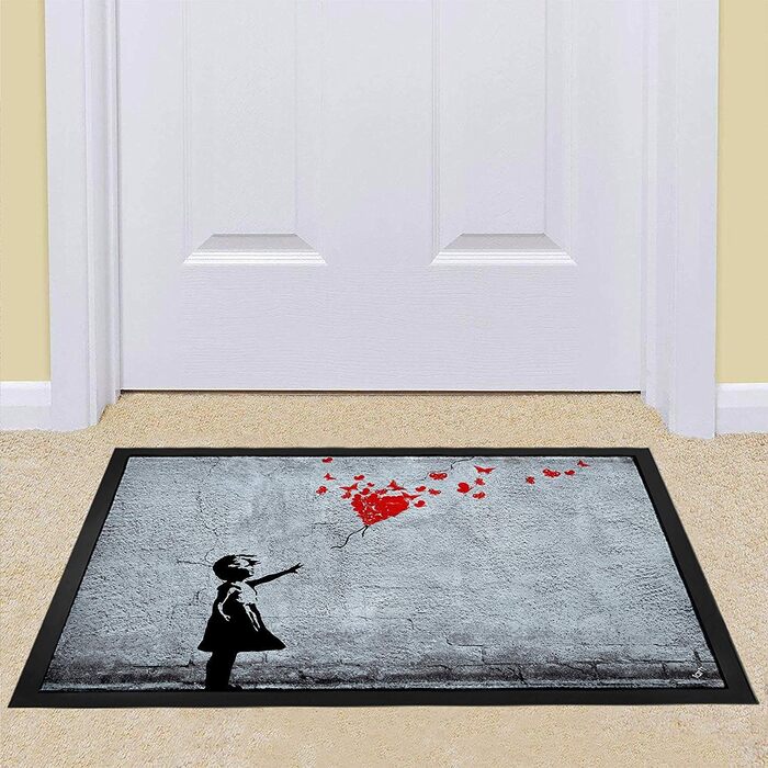 Дівчина з повітряною кулькою та метеликами, килимок у стилі Бенксі Декоративний килимок для приміщень Дизайнерський килимок для прихожих 60x40 см, 1art1