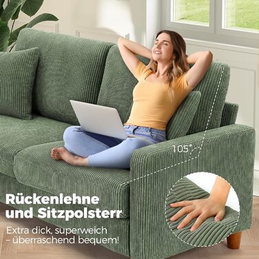 Диван Kidirect Cord 3, зручний диван 178 см, надзвичайно глибокі сидіння 53 см, диван для вітальні, що збирається без інструментів, великий диван-канапа з 2 подушками, сучасний диван для офісу, дивани для спальні, лісово-зелений, лісово-зелений, 178 см