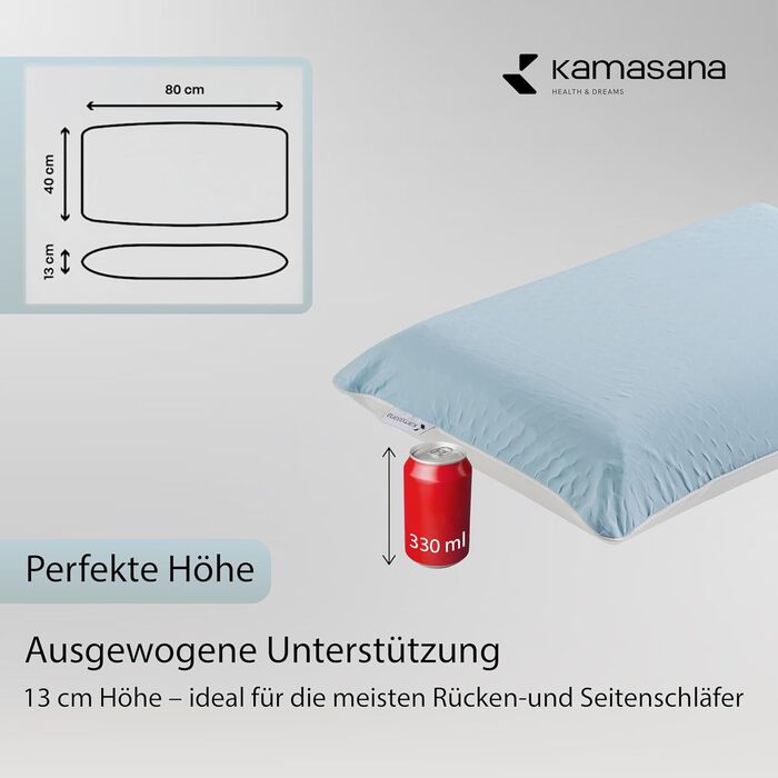 Ортопедична подушка 40 x 80 см, висота 13 см світло-блакитний охолоджувальний чохол піна з ефектом пам&39яті гіпоалергенна, ергономічна, дихаюча, з вентиляцією та підтримкою шиї