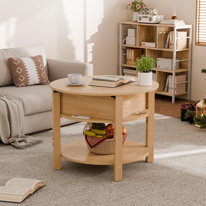 Круглий журнальний столик ELUCHANG з підйомною стільницею, журнальний столик 2-в-1 з регульованою висотою, бічний столик/стіл для вітальні з прихованим відділенням для зберігання, відкритий відсік, для вітальні/офісу, 60x60 см, дуб 60*60*48 см дуб