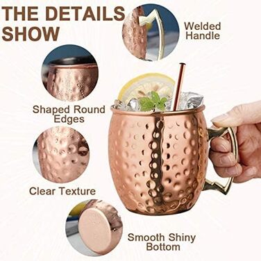 Мідні кружки SuproBarware Moscow Mule, набір з 2 кружок Moscow Mule, кружки з нержавіючої сталі, 530 мл, безпечні для харчових продуктів, ковані кружки, ідеально підходять для коктейлів, води, холодних напоїв 7 шт.