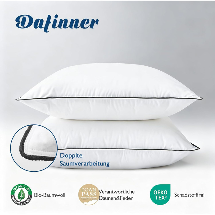 Набір з 2 пухових подушок Dafinner, 3 камери, 40 80 см Зовнішня камера 90 пух Внутрішня камера суміш пера Oeko-TEX Нижня пропускна здатність Середня підтримка Органічна бавовна 40 80 см, 2 шт.