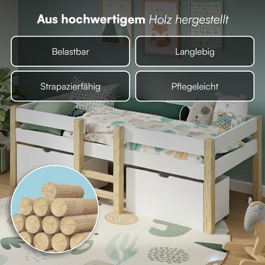 Дитяче ліжко Bellabino Aspy 90x200 см Ліжко-горище з 2 шухлядами, поручнями та рейковою основою Ліжко середнього класу з драбиною з масиву сосни білого/натурального кольору Дитяче ліжко з місцем для зберігання (матрац не входить до комплекту) Біле - з шух