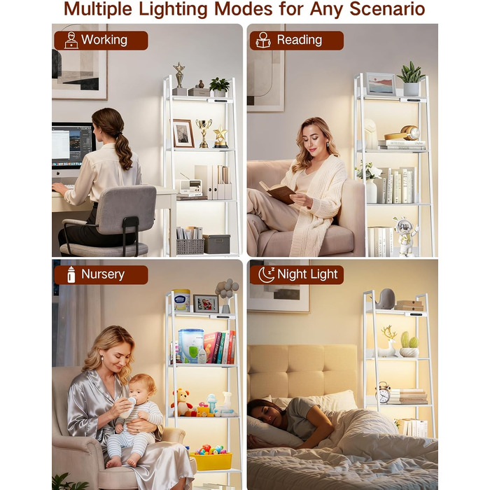 Ярусна вузька полиця-драбина зі світлодіодним підсвічуванням, сенсорним керуванням та дистанційним керуванням, 3 колірні температури, висока окремостояча полиця з регульованою яскравістю, виготовлена з металу та дерева для вітальні, спальні, офісу, біла, 