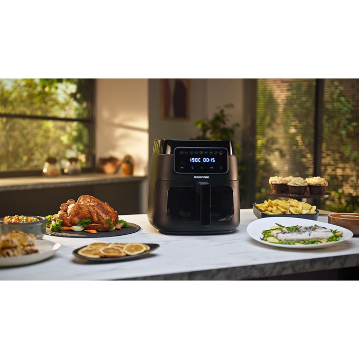 Фритюрниця Grundig FRY 7320, ємність 7,6 л, 1750 Вт, сенсорний дисплей, велике оглядове вікно, налаштування температури та часу, антипригарне покриття, кошик, який можна мити в посудомийній машині, чорний