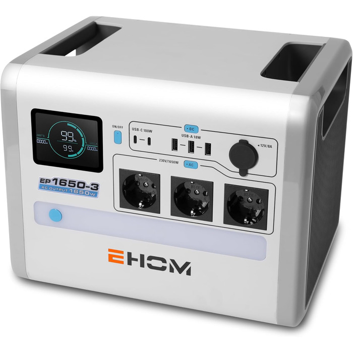 Портативна електростанція EHOM EP1650, сонячний генератор 1024 Втгод LiFePO4 з 3 виходами змінного струму * 1650 Вт (пікова потужність 2700 Вт), 2 портами USB-C * 100 Вт, сонячна зарядка 400 Вт, ультратиха, аварійне живлення для дому, подорожей, кемпінгу 