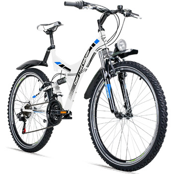 Гірський велосипед Bergsteiger Memphis 26 дюймів, підходить для зросту від 150 см, динамо-ліхтар, відповідає німецьким правилам дорожнього руху (StVZO), 21-швидкісна коробка передач, повна підвіска, для хлопчиків та чоловіків, блискуче-білий
