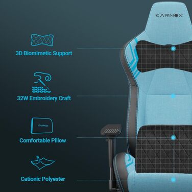 Ігрове крісло KARNOX з тканини, ергономічне гоночне крісло, регульована висота робочого столу з підголівником та поперековою подушкою, кут нахилу 155, регульовані підлокітники 4D, синій