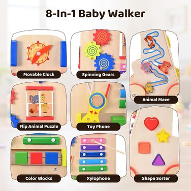Дерев&39яні ходунки для дітей 8-в-1 з колесами та будівельними блоками, багатофункціональна іграшка-подарунок для малюків від 10 місяців до 1-2 років, кольору дерева