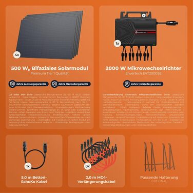 Балконна електростанція Solarway 2000 Вт у комплекті з розеткою - Найновіший інвертор 2000 Вт - Повний комплект сонячної системи - Сонячні панелі 500 Вт та Envertech та аксесуари для балконного кріплення 2000 Вт
