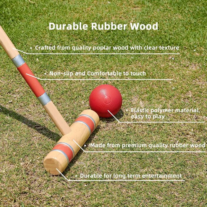 Набір для крокету Pointyard, 6 гравців, 71 см, з дерев&39яними молотками, кольоровими м&39ячами, хвіртками, кілками для дорослих, підлітків, сімей, ідеально підходить для гри на газоні, у дворі, в парку (включає сумку для перенесення), різнокольоровий