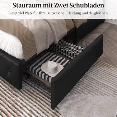 Ліжко Yaheetech з м&39якою оббивкою 140 x 200 см, двоспальне ліжко з 2 шухлядами, узголів&39ям з регульованою висотою, м&39яке ліжко з рейковою основою, багато місця для зберігання, чорний колір