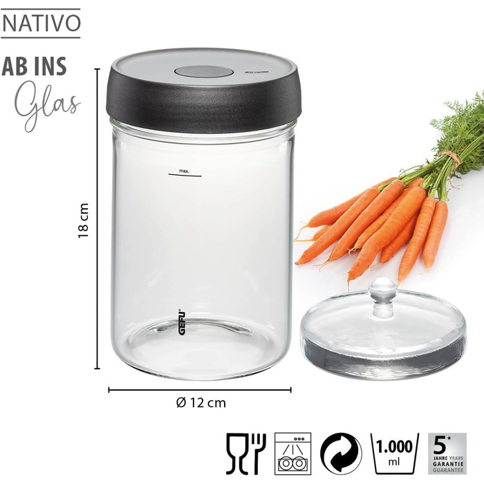 Банка для бродіння GEFU NATIVO 1 літр, включаючи вагу, банка для бродіння з вагою та кришкою, прозора, для маринування, бродіння 1 літр (без товкача та щипців)