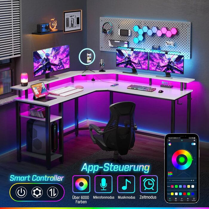 Г-подібний комп&39ютерний стіл Rolanstar з RGB-підсвічуванням та розетками, двосторонній кутовий ігровий стіл з місцем для зберігання та 2 гачками, комп&39ютерний стіл для офісу, кабінету, спальні (білий, 137 см) Білий 137 x 137 x 87 см