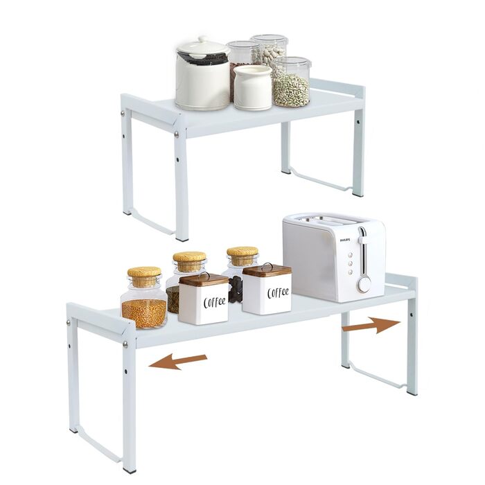 Розширювана полиця для шафи, 66 см, штабелюваний органайзер для кухонної стільниці, кухонна полиця для спецій, полиця для комори, регульований органайзер для шафи, полиця для зберігання речей для кухні та офісу (2 шт., білий M) Білий 2 шт., білий M