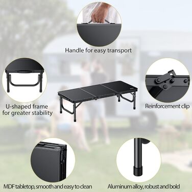 Кемпінговий стіл Anbte, розкладний стіл 87x40x26 см (ДхШхВ) з товстою алюмінієвою рамою, низький стіл для пікніка, легкий садовий стіл, стіл-валіза, стіл для барбекю, портативний для кемпінгу, вечірки, пляжу, балкону (повністю чорний), повністю чорна рама