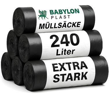 Міцні сміттєві мішки Babylonplast 240 л (40 шт. у упаковці) Міцні сміттєві мішки Міцні сміттєві мішки, стійкі до розривів 100125 см Вантажопідйомність 100 кг Мішки для відходів та будівельних відходів 70 мкм/Тип 100 (чорні) 40 мішків / 240 л