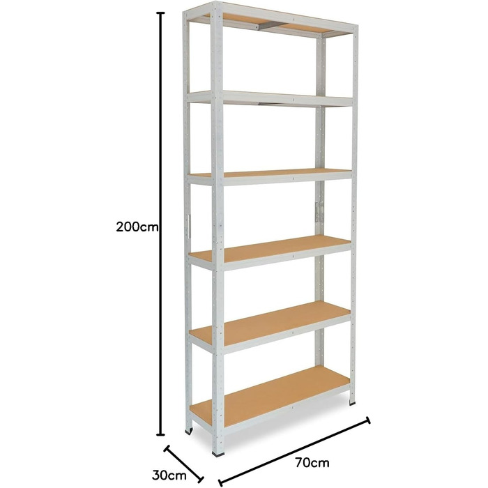 Офісна полиця для зберігання, міцна офісна полиця, світло-сірий/металевий, офісна полиця з 6 полицями/підвальна полиця, полиця для майстерні/металева полиця без болтів, вантажопідйомність 145 кг/офісна полиця для файлів, В 200 см / Ш 70 см / Г 30 см, 200x