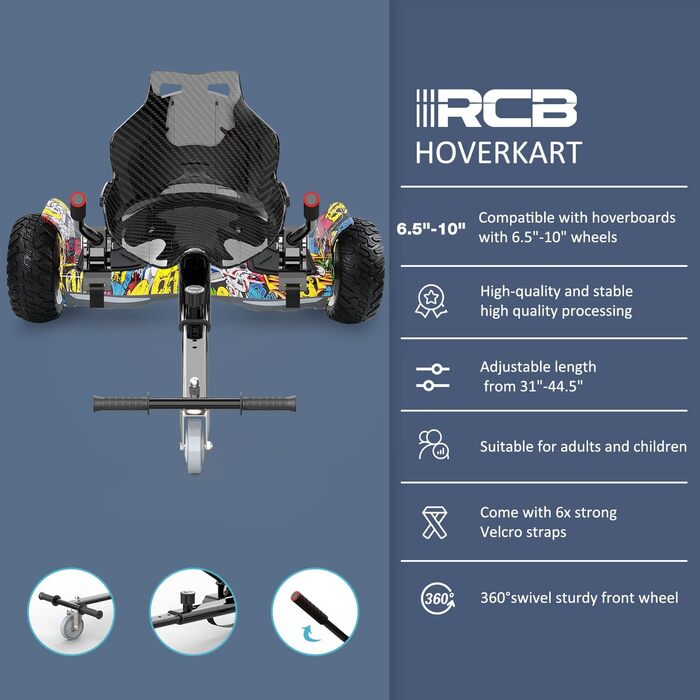 Позашляховий ховерборд RCB 8,5 дюймів з сидінням – Bluetooth-ховерборд з додатком, Hummer Hoverkart Go Kart для самобалансуючих ховербордів, подарунок для дітей, хіп-хоп чорний