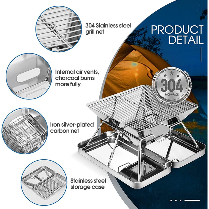 Портативна дров&39яна піч з нержавіючої сталі KAHEIGN, складна гриль-гриль для барбекю, нержавіюча сталь з сумкою для перенесення, кемпінгу, пікніків та барбекю