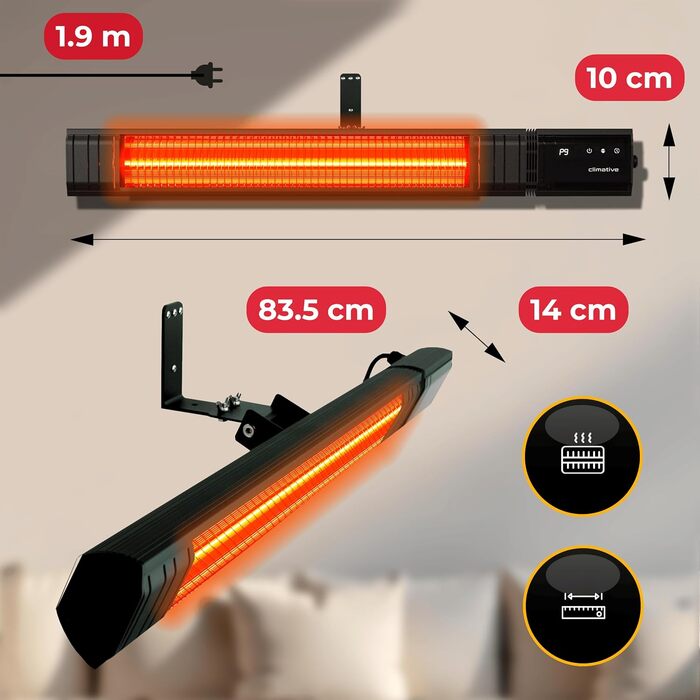 Інфрачервоний обігрівач RAY 2500 Вт, 9 рівнів регулювання, чорний