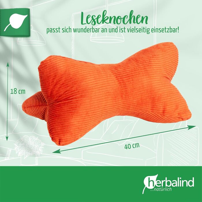 Подушка для шиї Herbalind Reading Bone 40x18 см, вельветовий дизайн - 100 бавовняна вельветова тканина, міцна та миється - ергономічна подушка для шиї як подушка для читання для відпочинку та читання - для планшетів - помаранчева