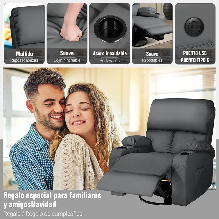 Крісло-гойдалка з функцією відкидання спинки, масажне крісло з вібрацією та підігрівом, порти USB та Type-C, крісла зі штучної шкіри, що обертаються на 360, підходить для вітальні, спальні, дитячої кімнати, кемпера, темно-сірого кольору.