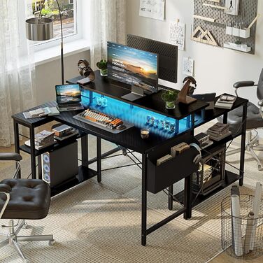 Г-подібний стіл Grandder 100x50 см зі світлодіодним освітленням та розетками, ігровий стіл з 2 полицями, комп&39ютерний стіл з підставкою для монітора, робоча станція для домашнього офісу, чорний 100 x 70 см, чорний колір під карбон