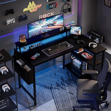 Г-подібний стіл Grandder 100x50 см зі світлодіодним освітленням та розетками, ігровий стіл з 2 полицями, комп&39ютерний стіл з підставкою для монітора, робоча станція для домашнього офісу, чорний 100 x 70 см, чорний колір під карбон