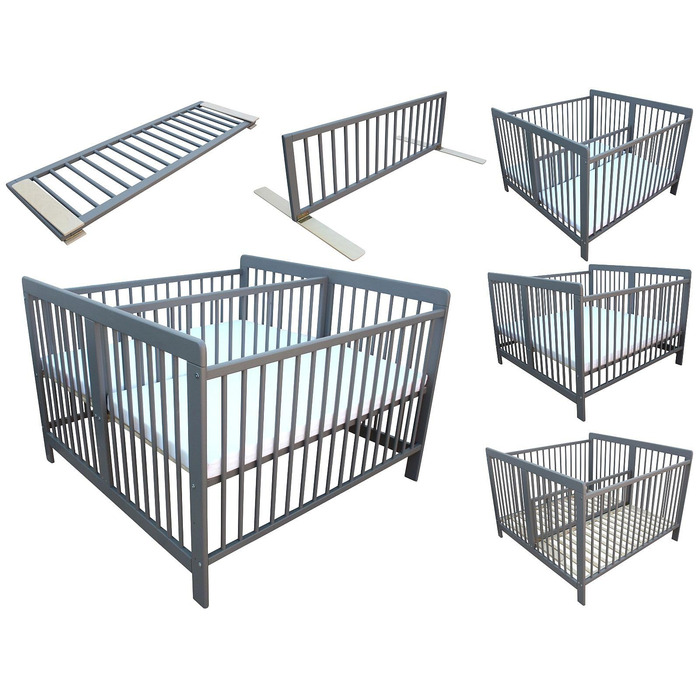 Дитяче ліжко для близнюків, односпальне ліжко, двоспальне ліжко 2-в-1, суцільний сірий колір з 2 матрацами 120x120 см та перегородкою 3026