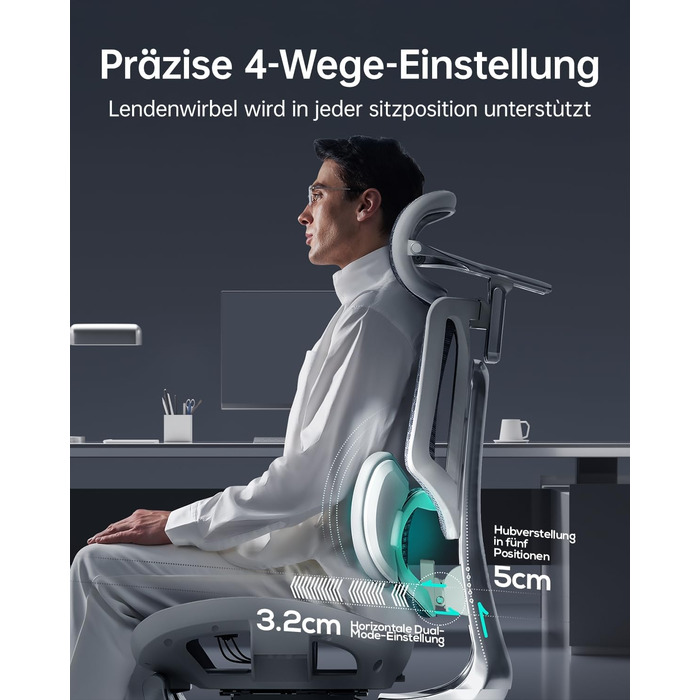 Ультраергономічне офісне крісло Hbada E3, велике та високе офісне крісло з 3-зонною динамічною поперековою підтримкою, механічними підлокітниками на 360, регульованим підголівником у 4 напрямках, сіре