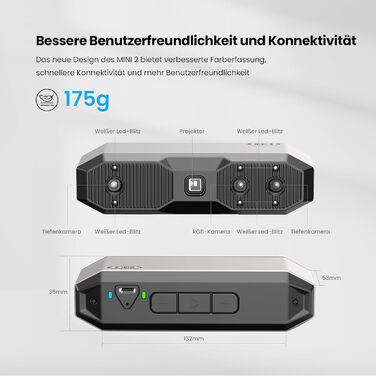 Ручний 3D-сканер Revopoint MINI 2 для 3D-друку, точність 0,02 мм, 16 кадрів в секунду, промислове блакитне світло, кольоровий скан