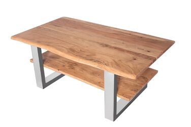 Журнальний столик SAM B-класу 115x65 см Philipp, диванний столик з полицею, масив акації натуральний колір лакований, журнальний столик зі справжнім живим краєм, U-подібна рама срібляста 115 x 65 см натуральний колір / сріблястий