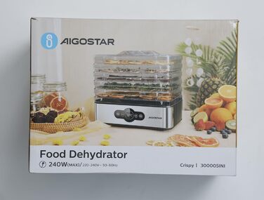 Дегідратор, дегідратор з регулятором температури, 240 Вт, 35-70 C, таймер на 99 годин, 5 вставок, дегідратор з нержавіючої сталі для м'яса, фруктів, овочів, дегідратор - без BPA