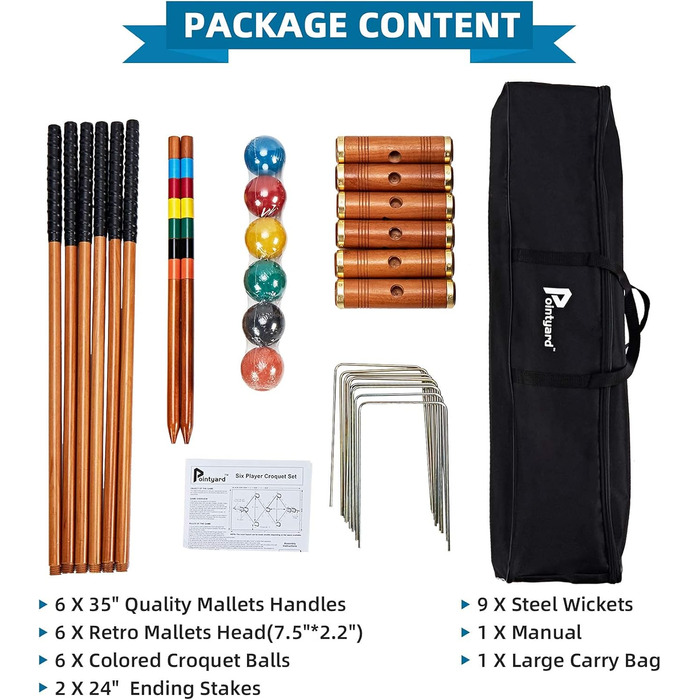 Набір для крокету Pointyard для 6 гравців, набір для крокету класу &quotлюкс&quot з дерев&39яними молотками, кольоровими м&39ячами, хвіртками та кілочками для дорослих/молоді/сім&39ї, ідеально підходить для газону/заднього двору/парку (включає сумку для п