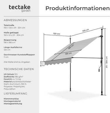 Маркиза tectake з кріпленням та ручним приводом, балконна маркізка без свердління, регульована по висоті, стійка до ультрафіолету, водовідштовхувальна, навіс для патіо, сонцезахист для патіо та балкону, ширина 150 см - світло-сірий