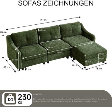 Кутовий диван JIEXI з функцією сну, вельветовий диван, L-подібний диван, кутовий диван, диван-ліжко, 251 см (темно-зелений, 3 місця 1 пуф)