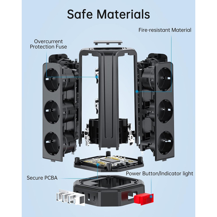 Шляхова розетка на 4000 Вт 16 А з подовжувачем 5 м, 3 розетки USB A і 1 розетка USB C із захистом від перенапруги, розетка для дом