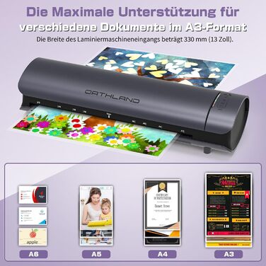 Ламінатор Orthland A3, ламінатор з 30 ламінуючими пакетами для документів A3, A4, A5, A6, ламінатор 9-в-1 з різаком для паперу та закруглювачем кутів, гарячий та холодний ламінатор для офісу, школи та дому, документи, фотографії, сірий