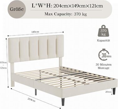 М&39яке ліжко VECELO 140x200 см Двоспальне ліжко, Каркас ліжка з регульованим по висоті узголів&39ям, оксамитовим чохлом та рейковою основою, Легке складання, Ідеально підходить для спалень та гостьових кімнат, Бежевий 140 x 200 см
