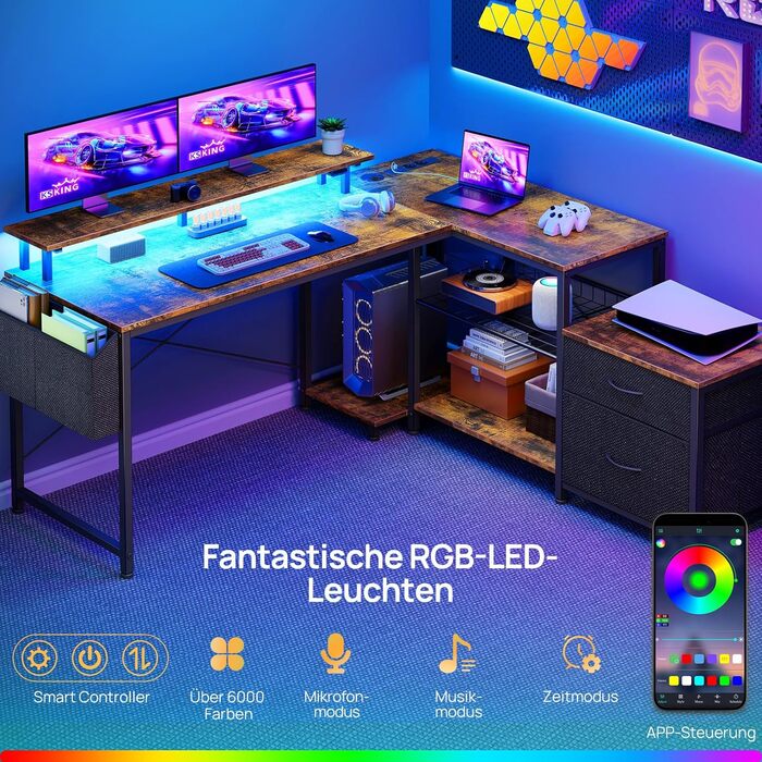 Г-подібний стіл на сім столів з полицями для зберігання, ігровий стіл зі світлодіодним освітленням та розетками, комп&39ютерний стіл з підставкою для монітора для домашнього офісу, спальні, вітальні, вінтажний коричневий