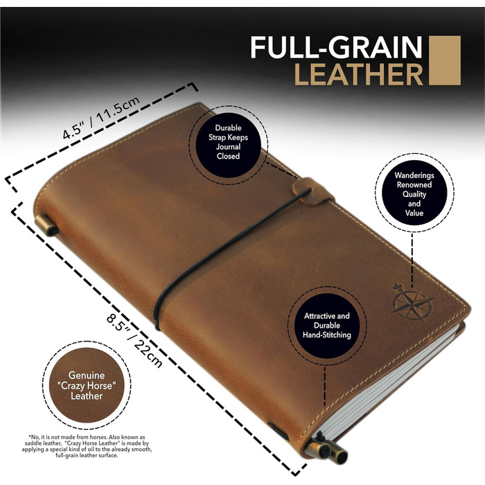 Шкіряний блокнот Wanderings з кишенями - 22 x 11,5 см - Поповнюваний щоденник подорожей з чистим папером для запису та організації або як блокнот, щоденник, вінтажний планер, коричневий