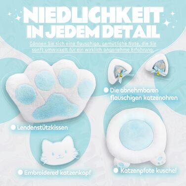 Милий ігровий стілець з котячою тканиною з поперековою подушкою у формі котячої лапи та котячими вушками, ігровий стілець з підставкою для ніг, ергономічний ПК-стілець для дітей, дорослих та дівчаток, вантажопідйомність 140 кг, синьо-білий