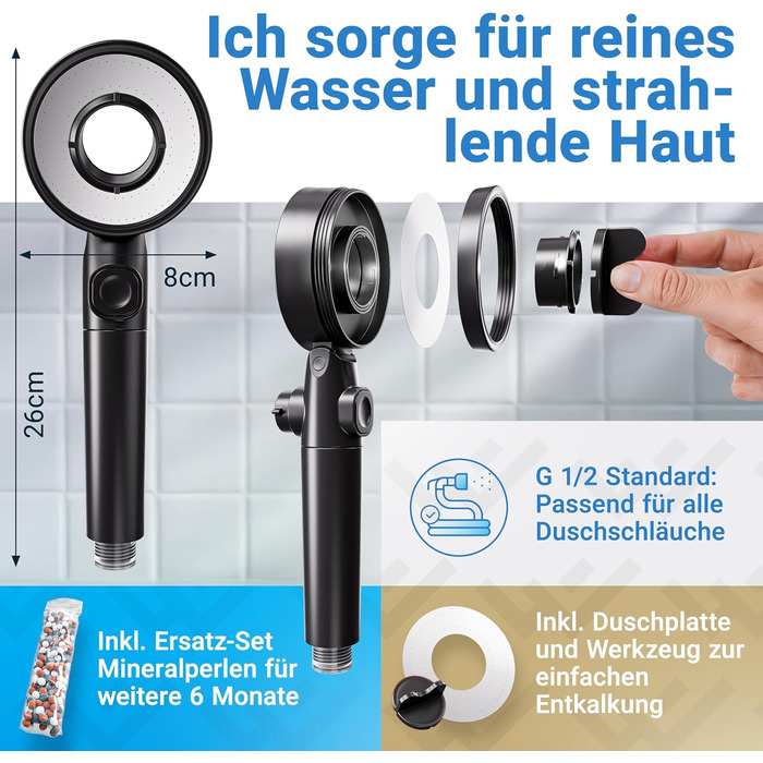 Душова лійка з фільтром 3 режими - включно з режимом підвищення тиску Економна душова лійка з мінеральними перлинами Ручна душова лійка, душова головка, душова насадка в чорному кольорі, включно з інструментом, запасними перлинами та матовою чорною панелл